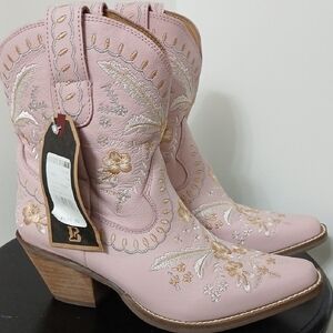 Dingo Pink Ankle Boots with Floral Embroidery